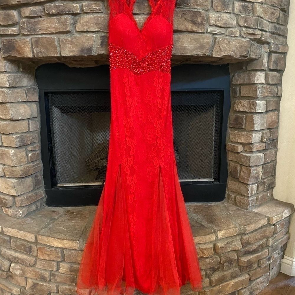 NWT red mermaid evening dress.  Sequin, lace, and sheer bottom. Size Medium